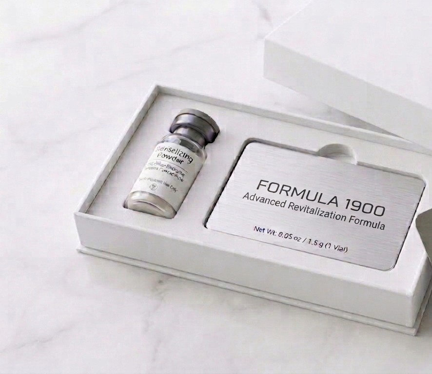 An opened Formula 1900 presentation box showing the sealed glass vial seated beside a brushed stainless steel instruction card.